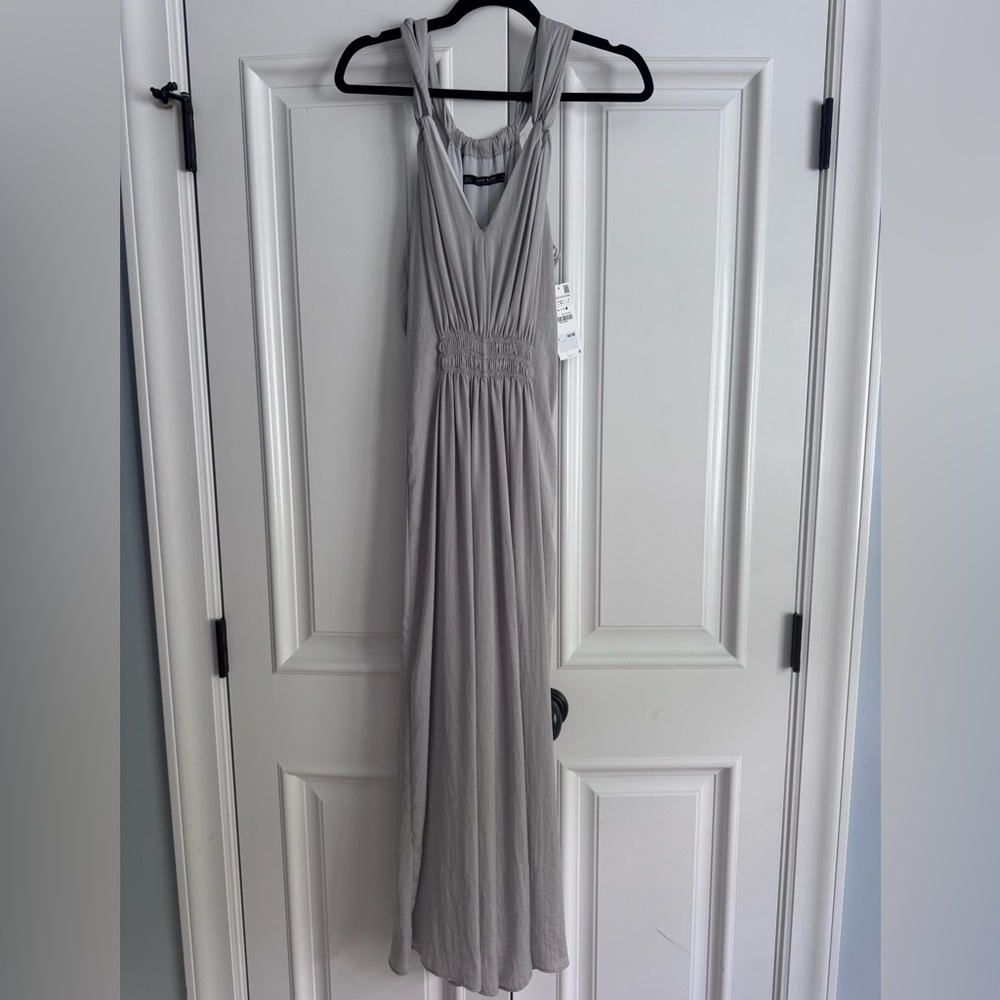 Zara Gray Pleated Halter Maxi Gown